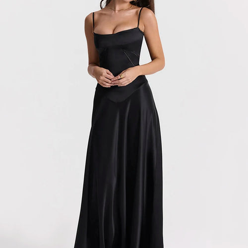 Load image into Gallery viewer, Lace-up Satin Maxi Slipdress Women Black Spaghetti Strap Sleeveless Backless Maxi Dress Femme Club Party Evening Dress
