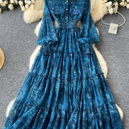 Load image into Gallery viewer, Retro 2024 Autumn Women Print Elegant Lantern Sleeves Long Dress High Waist Single Breasted Evening Party Pleated Shirt Dresses
