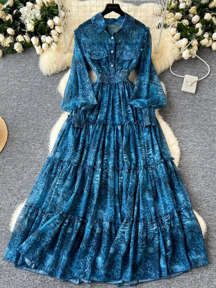 Retro 2024 Autumn Women Print Elegant Lantern Sleeves Long Dress High Waist Single Breasted Evening Party Pleated Shirt Dresses