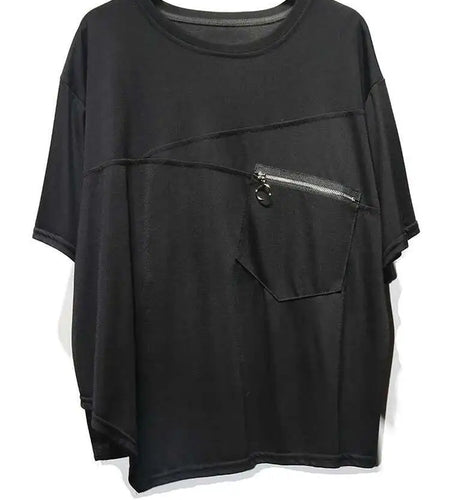 Women Black Irregular Hem Zipper Big Size Casual T-shirt New Round Neck Short  Sleeve Fashion Spring Summer 2025 1DJ0619