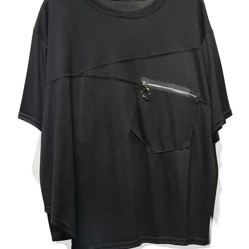 Load image into Gallery viewer, Women Black Irregular Hem Zipper Big Size Casual T-shirt New Round Neck Short  Sleeve Fashion Spring Summer 2025 1DJ0619
