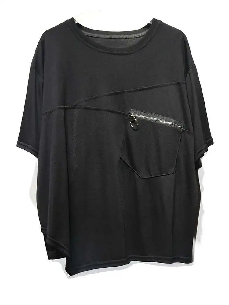 Women Black Irregular Hem Zipper Big Size Casual T-shirt New Round Neck Short  Sleeve Fashion Spring Summer 2025 1DJ0619