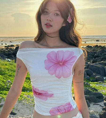Flower Print t-Shirt Women One Shoulder Patchwork Folds Skinny Elasticity Summer Sweet Versatile Street Daily Mini Tops