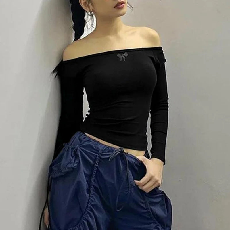 Off Shoulder Top y2k Clothing Women Rhinestone Bow Print Long Sleeve Backless T Shirt Fairy Grunge Clothes Streetwear