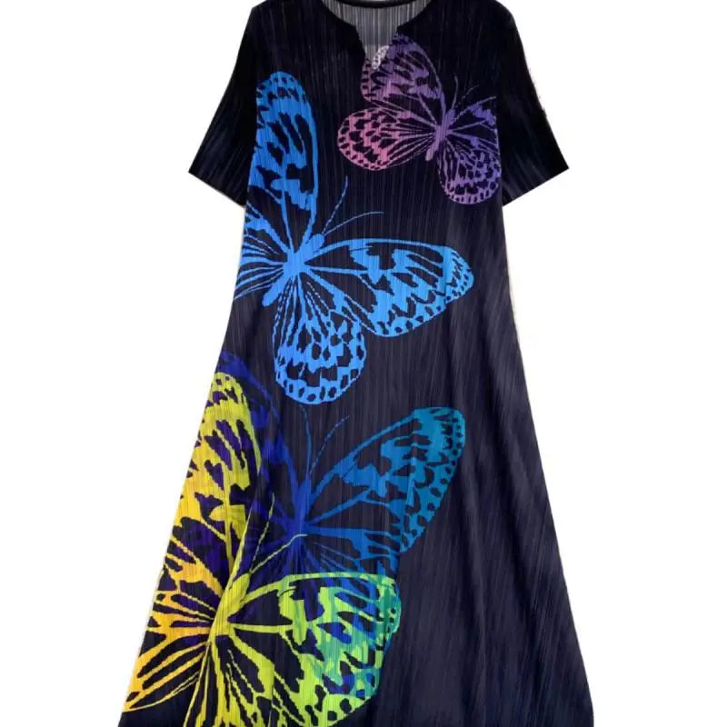 French Retro Women Black Butterfly V Neck Short Sleeved Long Dress Summer White Print Elegant Loose Vacation Pleated Dress Trend