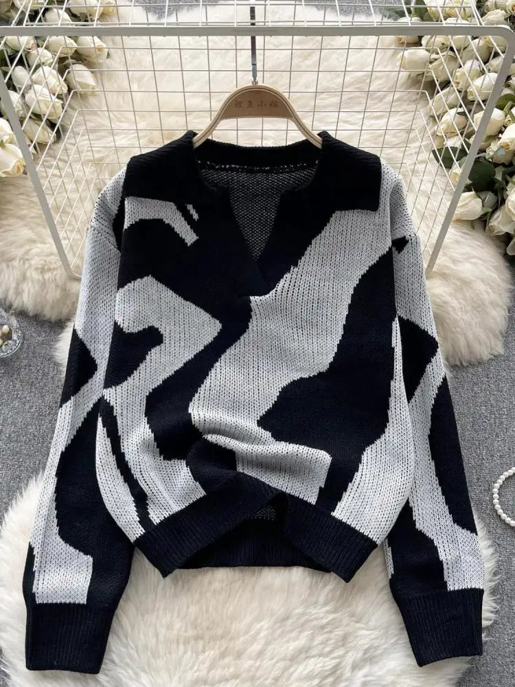 Korean Long Sleeved Patchwork Office Crochet Sweater For Women Autumn Winter Holiday Knit Pullover Tops Fashion Casual Popular