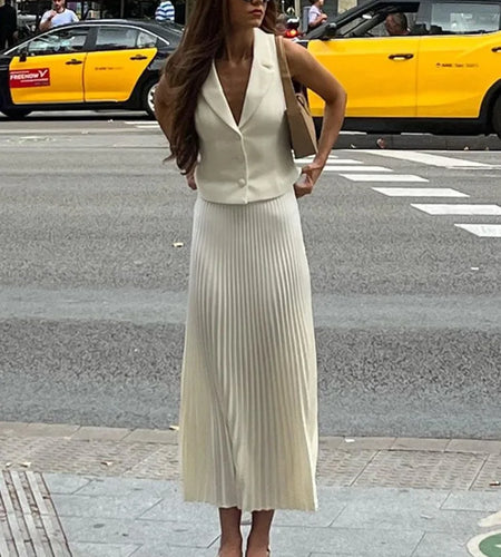 Fashion Skirt Two Piece Sets Women Notched Collar Sleeveless Crop Tops And Midi Skirt Femme Elegant Pleated Skirt Sets