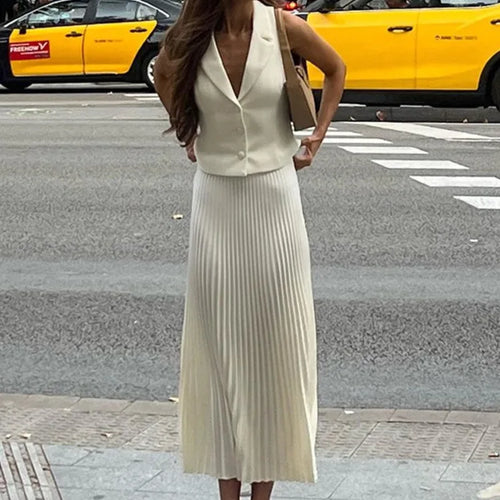 Load image into Gallery viewer, Fashion Skirt Two Piece Sets Women Notched Collar Sleeveless Crop Tops And Midi Skirt Femme Elegant Pleated Skirt Sets
