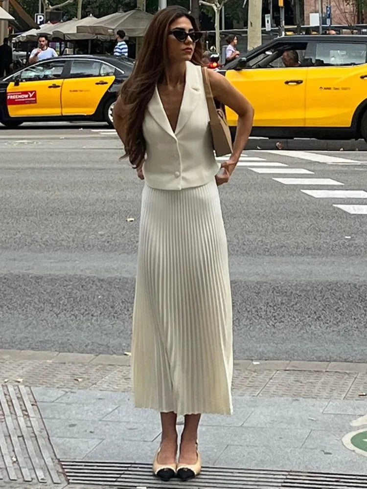 Fashion Skirt Two Piece Sets Women Notched Collar Sleeveless Crop Tops And Midi Skirt Femme Elegant Pleated Skirt Sets