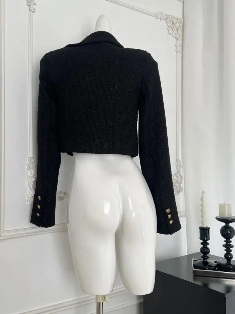 French Fashion Woman Autumn Winter Retro Black Long Sleeves Coat Vintage Elegant Single Breasted Festival Short Jacket Tops Chic