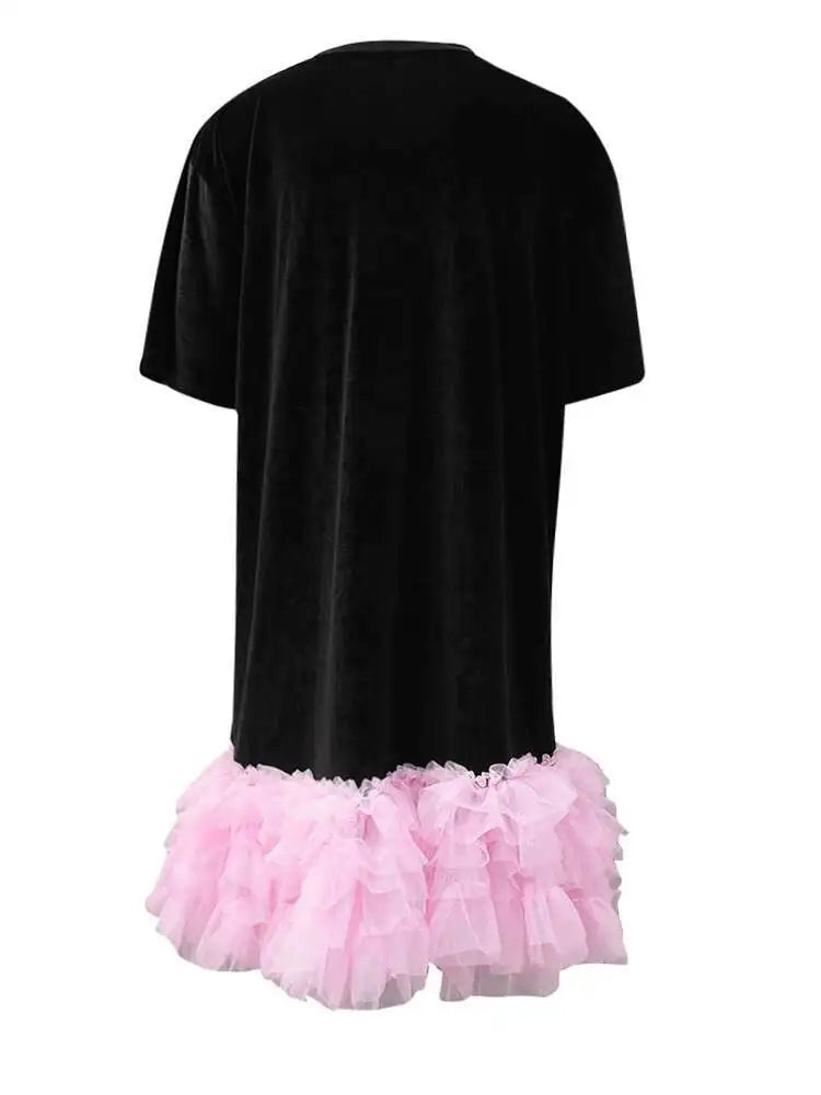 Women Green Mesh Ruffles Hem Big Size Knee-Length Dress New Round Neck Short Sleeve Fashion Spring Summer 2025 CPG2904