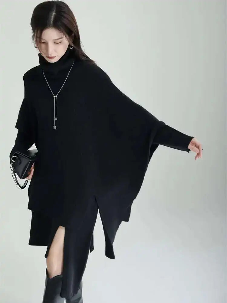 Women Gray Irregular Design Knitting Dress New Turtleneck Long Sleeve Loose Fit Fashion Tide Spring Autumn 2025 1DF2618
