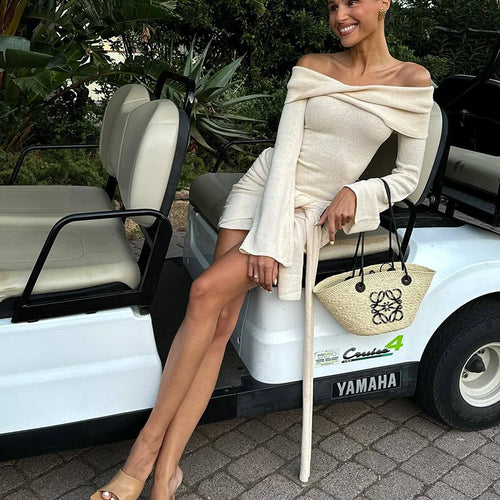 Load image into Gallery viewer, Off-shoulder Knit Mini Dress For Women Autumn Winter New Strapless Backless Long Sleeve Ruched Draped Knitted Dress
