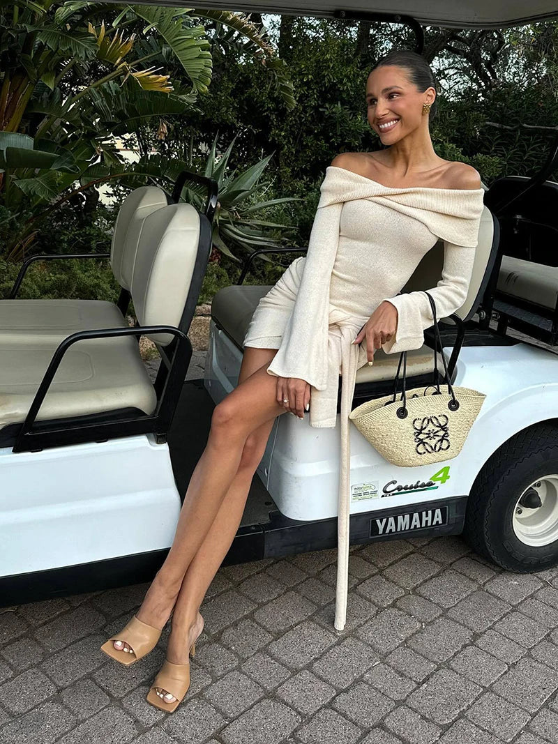 Off-shoulder Knit Mini Dress For Women Autumn Winter New Strapless Backless Long Sleeve Ruched Draped Knitted Dress
