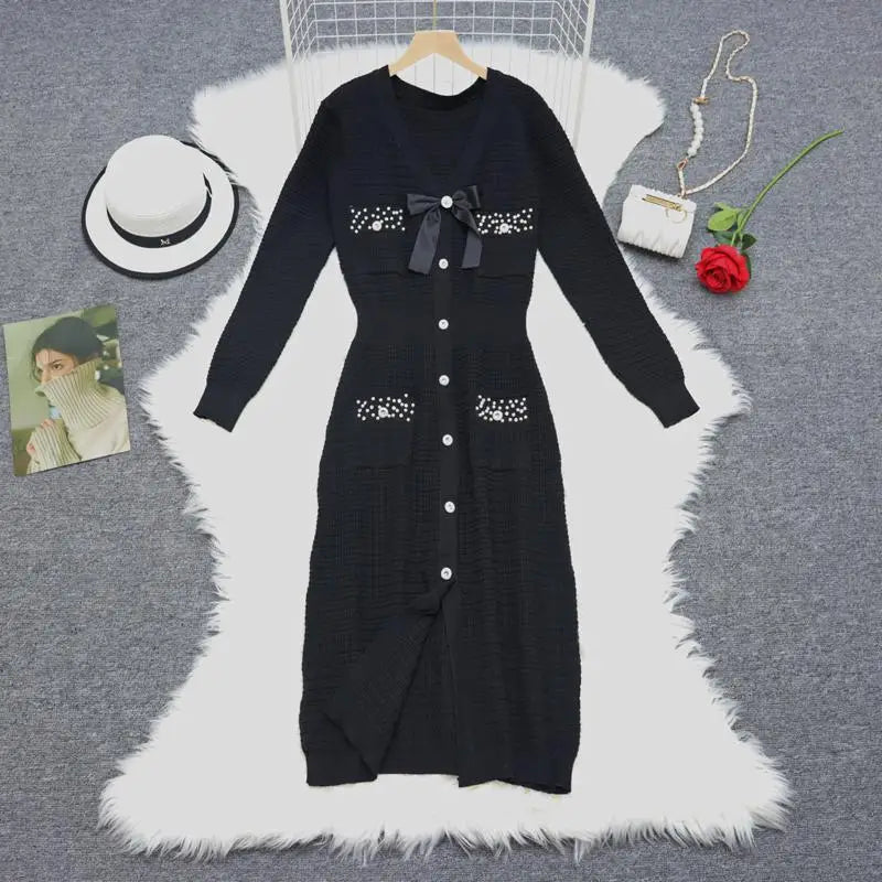 Korean Women Black White Elegant Diamond Bow Knit Dress Autumn Green Slim V Neck Office Long Sleeved High Waist Split Dress Chic