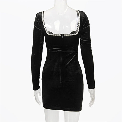 Load image into Gallery viewer, Long Sleeve Sexy Deep V Neck Wired Diamante Crystal Padded Should Bodycon Outfits Women Winter Velvet Party Dress
