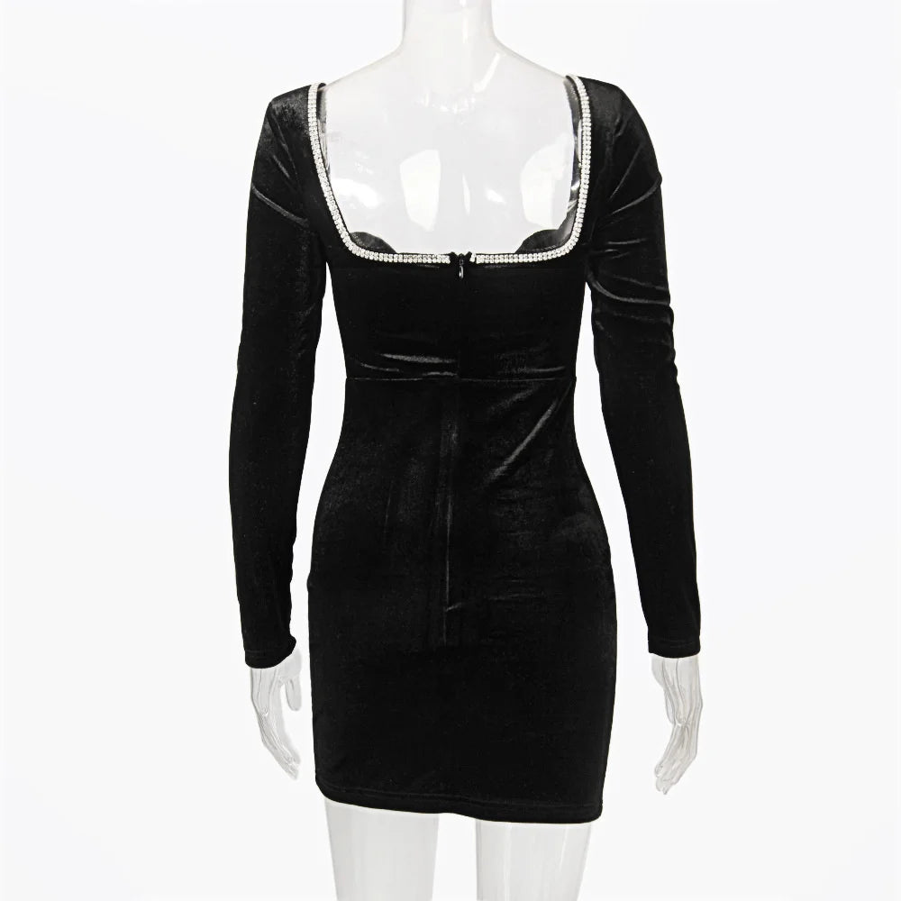 Long Sleeve Sexy Deep V Neck Wired Diamante Crystal Padded Should Bodycon Outfits Women Winter Velvet Party Dress