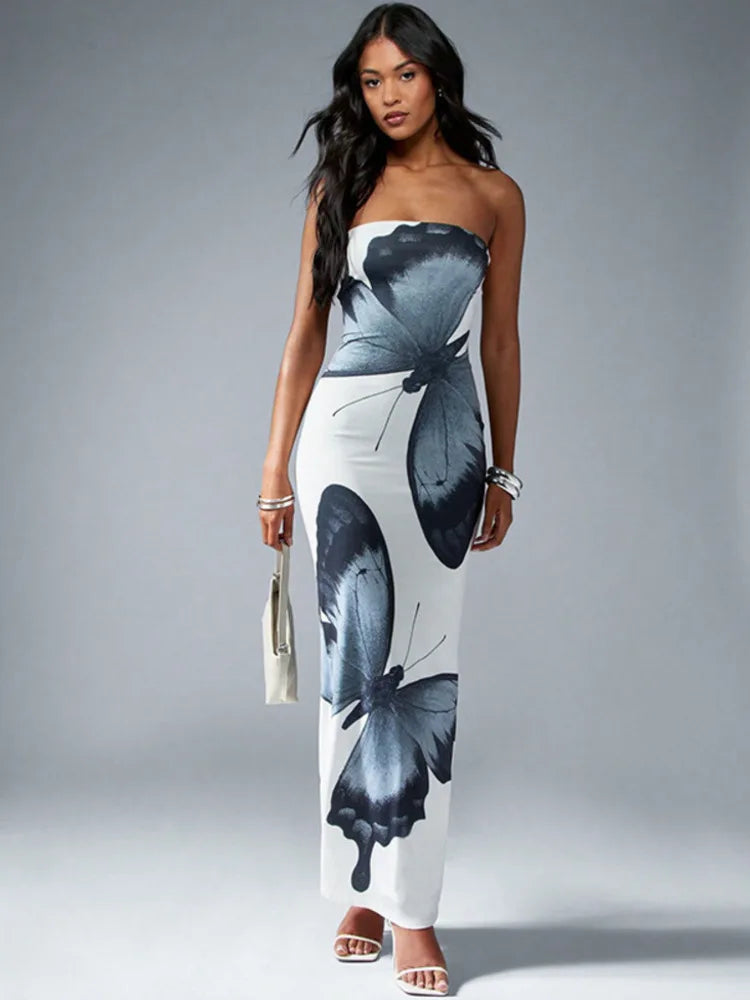 Off-shoulder Print Sexy Maxi Dress Women Summer New Strapless Sleeveless Backless High Waist Beach Holiday Long Dress