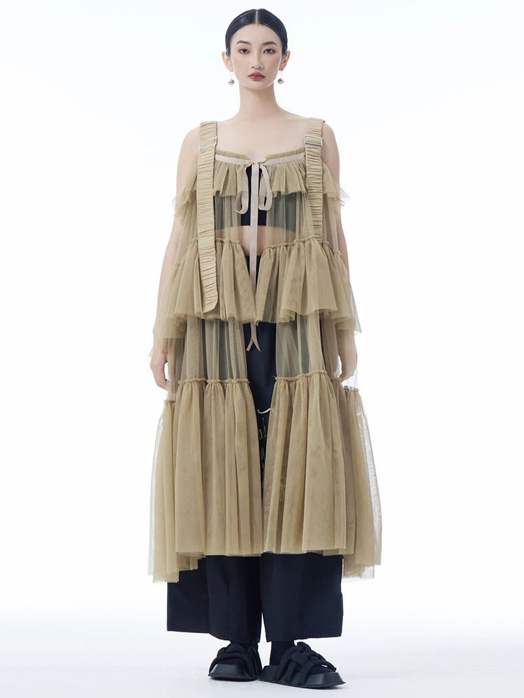 Women Black Mesh Perspective Big Size Strap Dress New Square Collar Sleeveless Fashion Tide Spring Summer 2025 1DJ1242