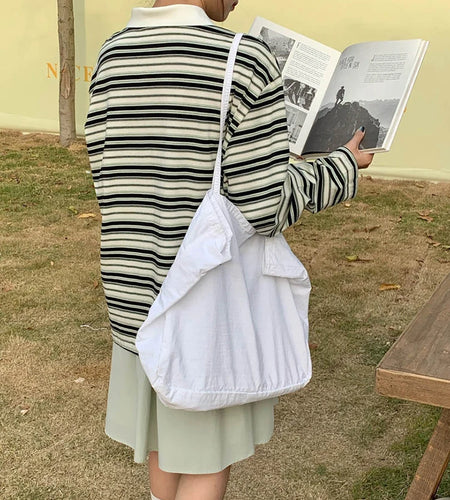 Women Green Striped Color-block Big Size Casual T-shirt New Lapel Long Sleeve Fashion Tide Spring Autumn 2025 1DJ0351