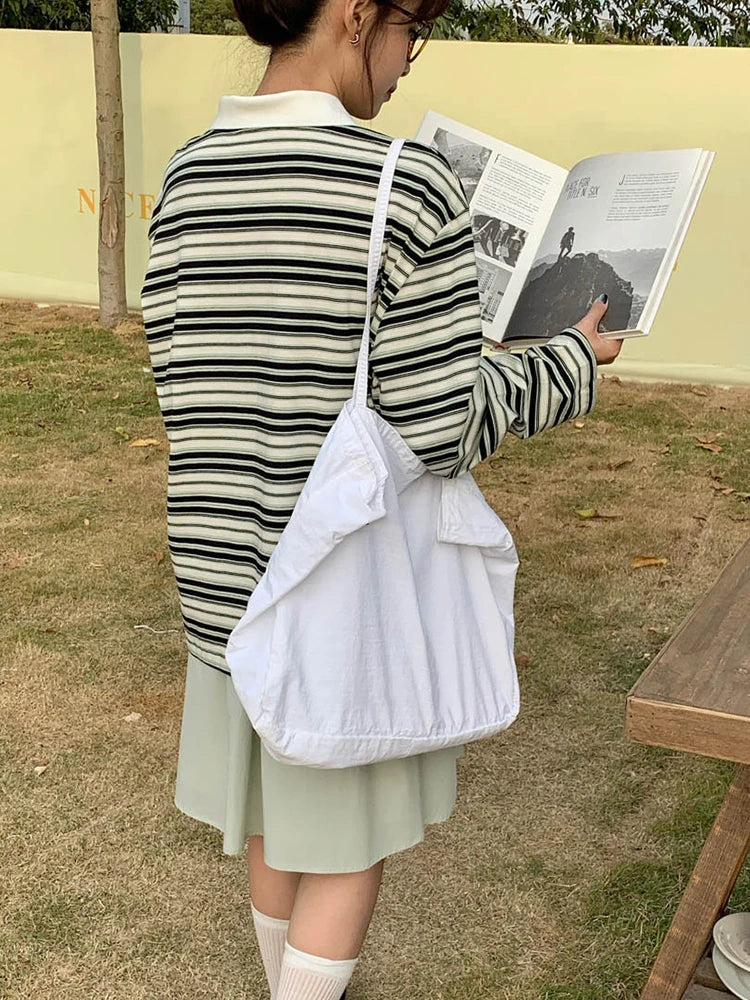 Women Green Striped Color-block Big Size Casual T-shirt New Lapel Long Sleeve Fashion Tide Spring Autumn 2025 1DJ0351