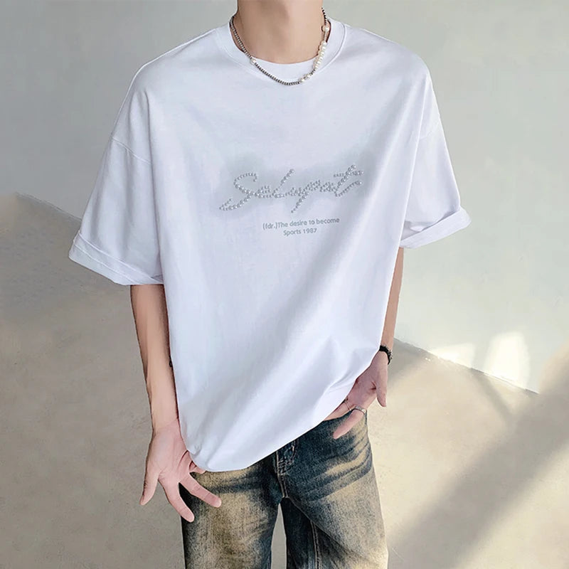 Trend Solid Color Men's Tops Round Neck Short Sleeve T-shirts Casual Printing Pearls Tees Fashion Summer 9C6143