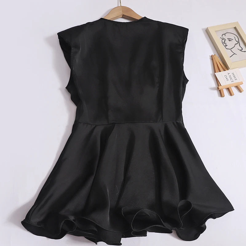 Women Black V-neck Hollow Sleeveless Ruffles Pleated Tank Tops Summer Elegant Pullover Vest Versatile Simplicity Ladies Fashion