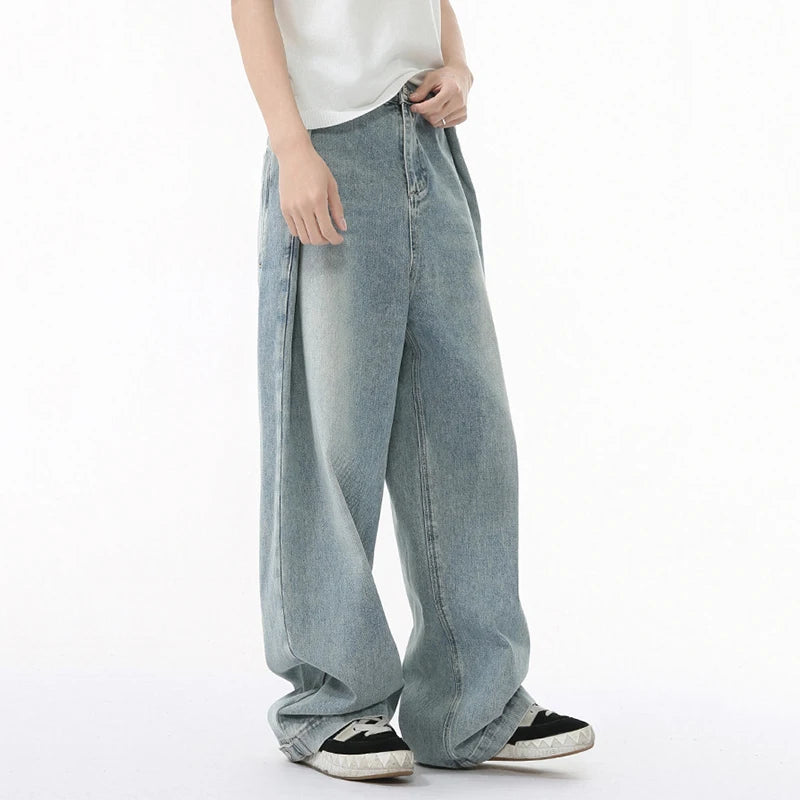 Streetwear Men's Jeans New American Niche Design Fold Design Solid Color Simple Straight Leg Casual Denim Pants 9W1678