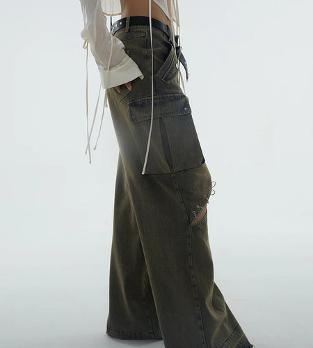 Patchwork Pocket Denim Pants For Women High Waist Y2k Streetwear Loose Wide Leg Jeans Female Fashion Clothing