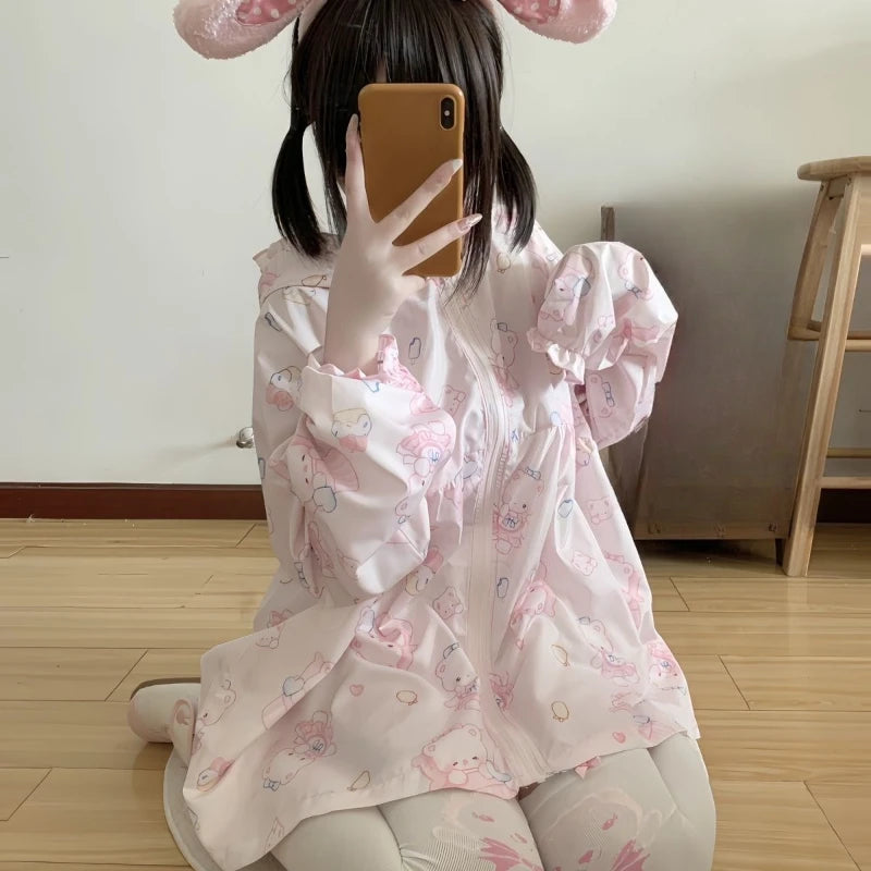 Japanese Sun Protection Cartoon Print Jackets Women Y2k Aesthetic Grunge Bear's Ear Hooded Coat Casual Loose Zipper Femme Tops