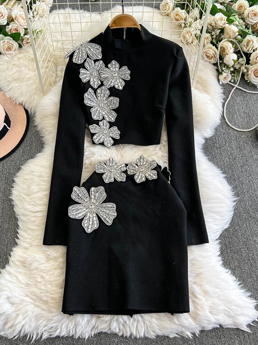 Solid Spliced Diamonds Two Piece Set For Women O Neck Long Sleeve Top High Waist Mini Skirt Slimming Sets Female