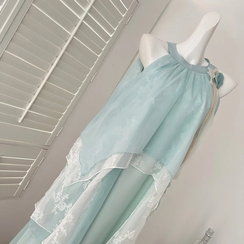 Load image into Gallery viewer, Summer French Vintage Blue Patchwork Lace Elegant Party Dress Women Round Neck Sleeveless Ruffle Edge Off Shoulder Pleated Dress
