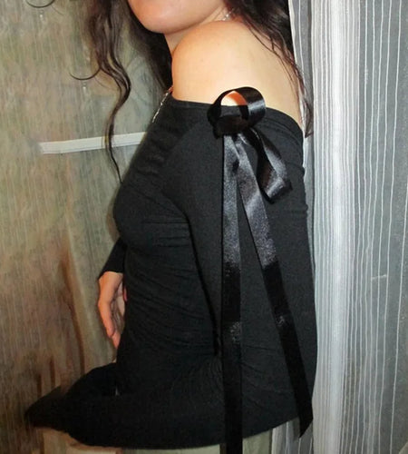 Streetwear Black Skinny Women T-shirts Off Shoulder Top Crop Tie Up Fashion Basic Tee Autumn All-Match Shirt Clothing