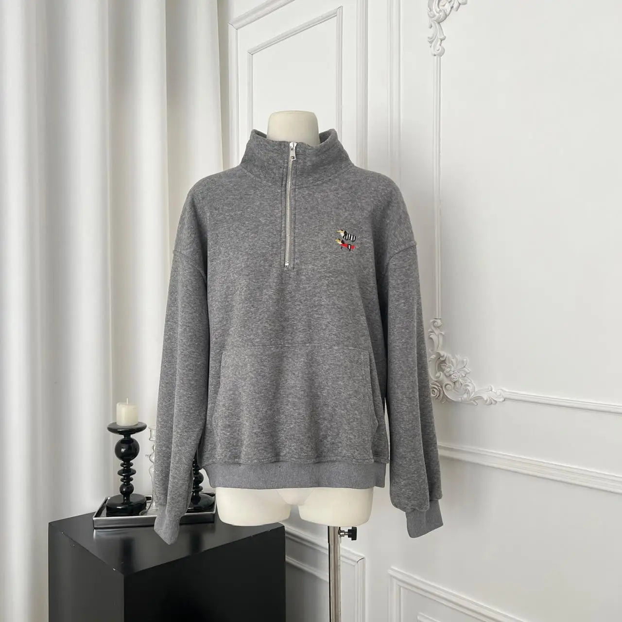 Korean Grey Dog Embroidery Half Zipper Stand Collar Sweatshirt Women 2024 Autumn Winter Beige Loose Pullover Long Sleeved Tops