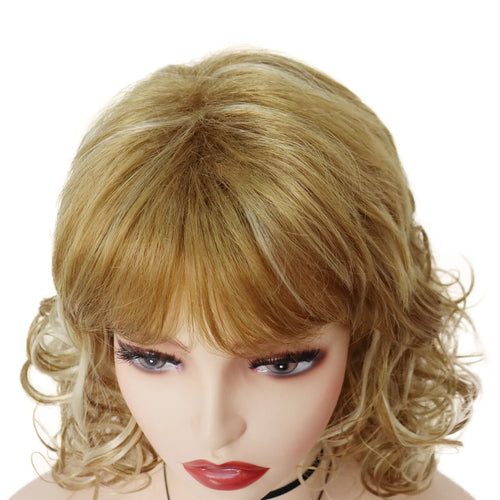 Load image into Gallery viewer, Curly Synthetic Golden Blonde Wigs for Women Long Curly Wig with Bangs Shaggy Haircuts Highlight Dolly Parton Wig Hair Mommy Wig
