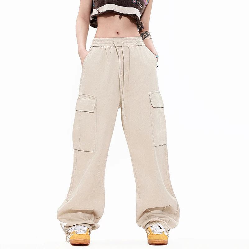 Solid Color Multi Pocket Men's Pants Casual Straight Drawstring Trendy Elastic Waist Wide Leg Simple Male Trousers 9W101