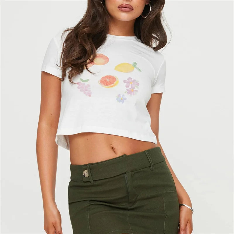 y2k Baby Tee Women Aesthetic Clothes Fruit/Wine Cup Print Round Neck Short Sleeve Crop Top Graphic T Shirt Streetwear