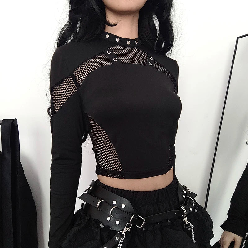 Gothic Dark Skinny Women T-shirts Fishnet Spliced Harajuku Crop Top Hollow Out Eyelet Punk Tee Shirt Stand Collar New