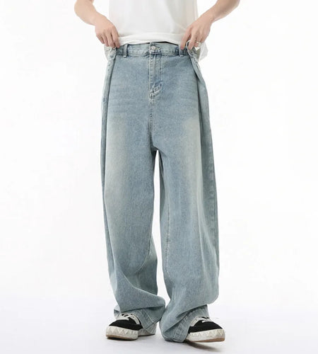 Streetwear Men's Jeans New American Niche Design Fold Design Solid Color Simple Straight Leg Casual Denim Pants 9W1678