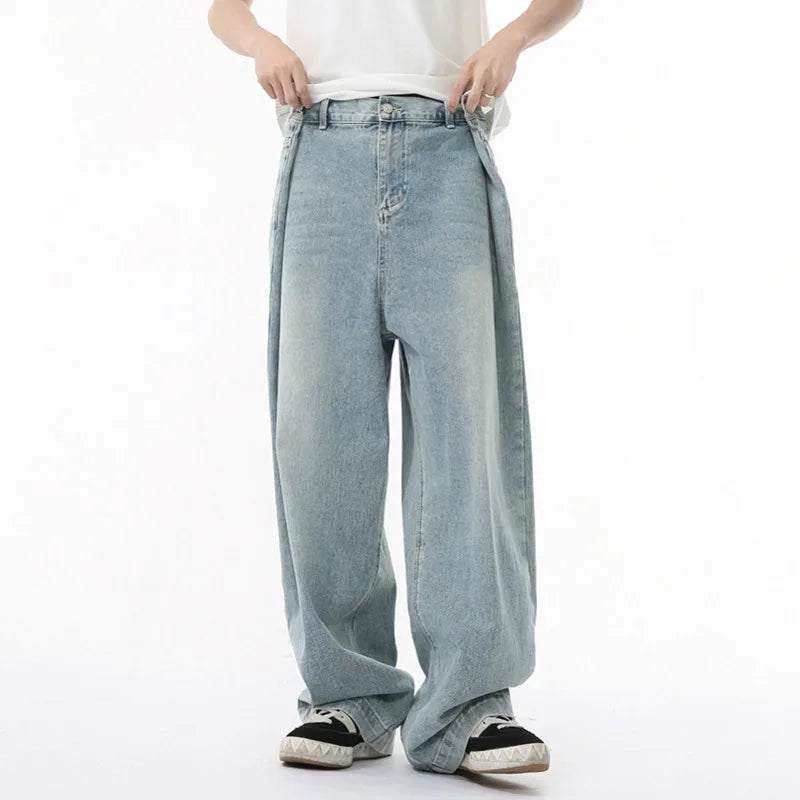 Streetwear Men's Jeans New American Niche Design Fold Design Solid Color Simple Straight Leg Casual Denim Pants 9W1678