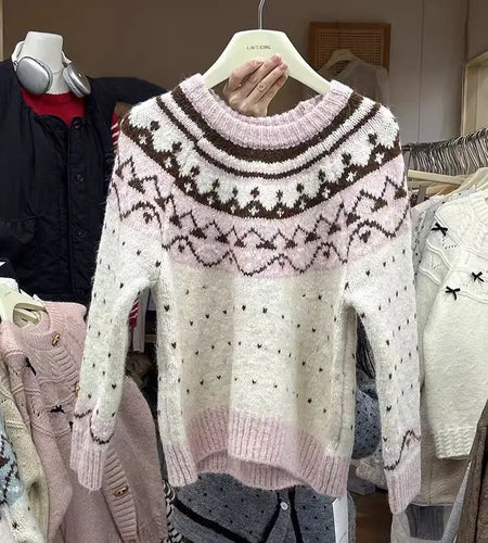 Vintage 2024 Women Pink Patchwork Elegant Knitted Sweater Autumn Winter Blue Long Sleeve Round Neck Pullover Tops Popular Trendy
