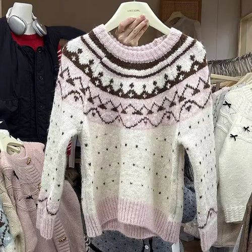 Load image into Gallery viewer, Vintage 2024 Women Pink Patchwork Elegant Knitted Sweater Autumn Winter Blue Long Sleeve Round Neck Pullover Tops Popular Trendy
