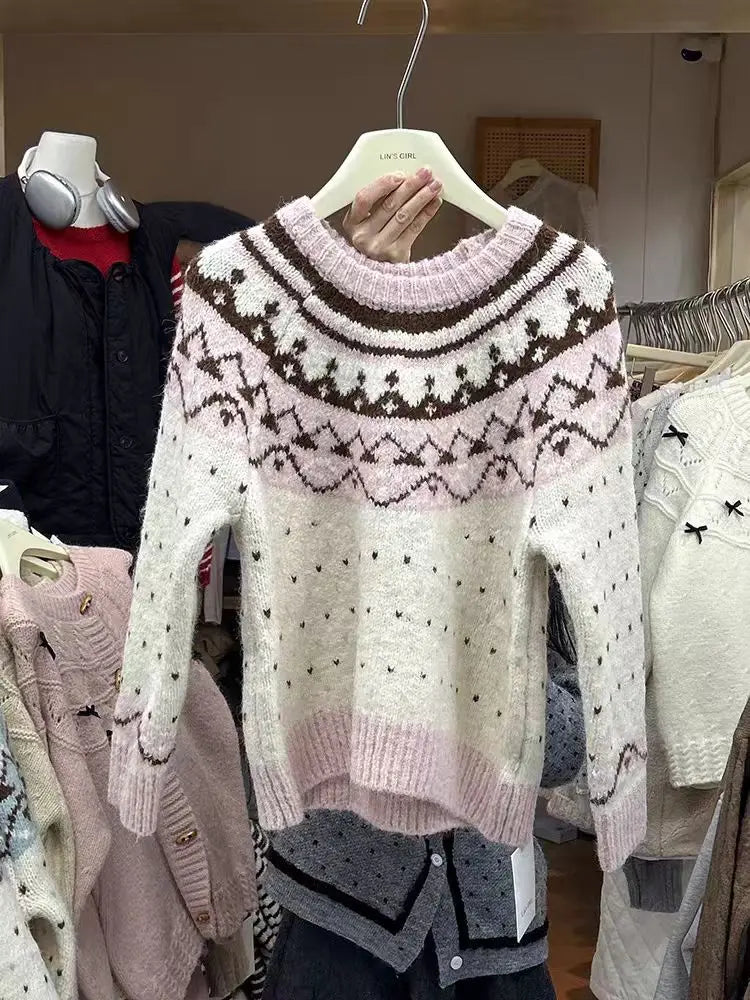 Vintage 2024 Women Pink Patchwork Elegant Knitted Sweater Autumn Winter Blue Long Sleeve Round Neck Pullover Tops Popular Trendy
