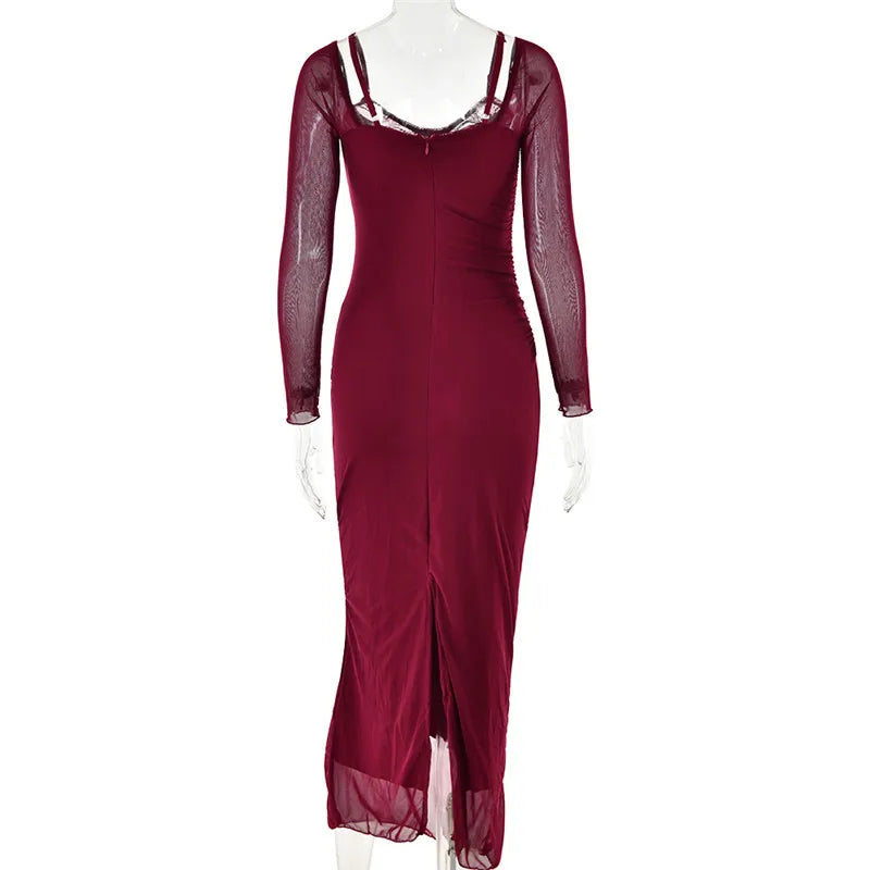 Elegant Sheer Long Sleeve Sexy Maxi Dress For Women Fashion Mesh Strapless Backless Club Party Sexy Long Dress 2024