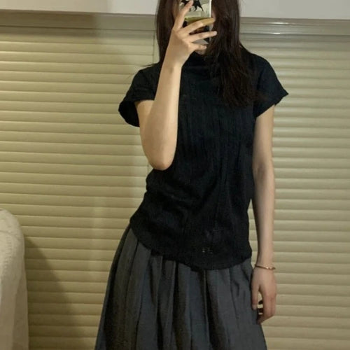 Load image into Gallery viewer, Y2k Aesthetic Half High Collar Vintage Tees Streetwear Casual Solid Fairy Pleated Tshirts Women Harajuku Grunge Slim Fit Tops
