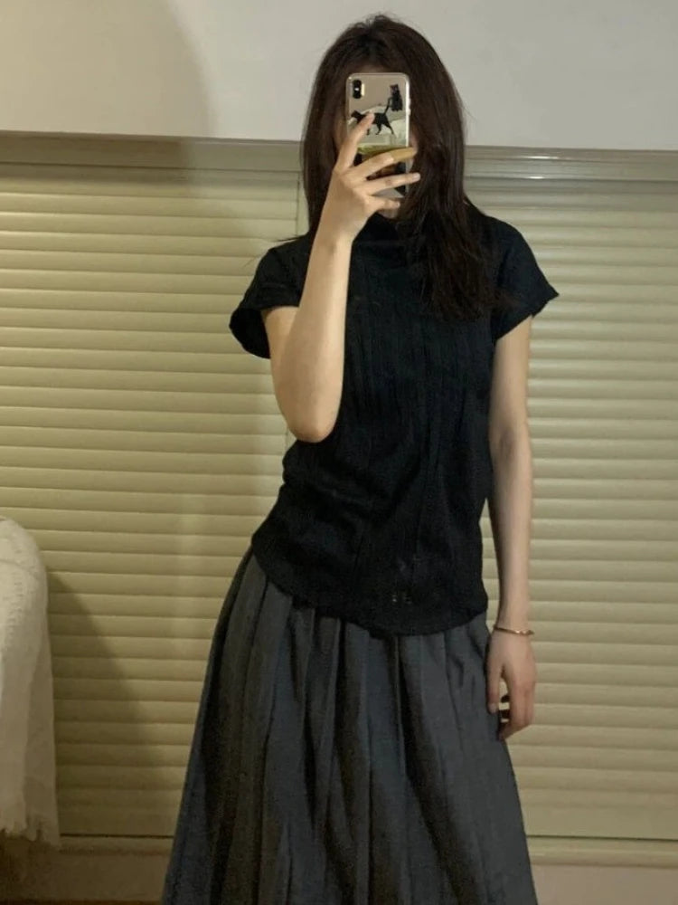 Y2k Aesthetic Half High Collar Vintage Tees Streetwear Casual Solid Fairy Pleated Tshirts Women Harajuku Grunge Slim Fit Tops