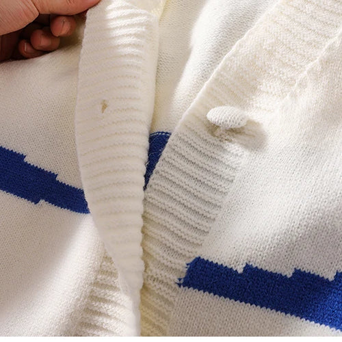 Load image into Gallery viewer, Women Blue White Striped Patchwork Knit Sweater Autumn Winter Long Sleeve Single Breasted Cardigan Korean Fashion Short Tops New
