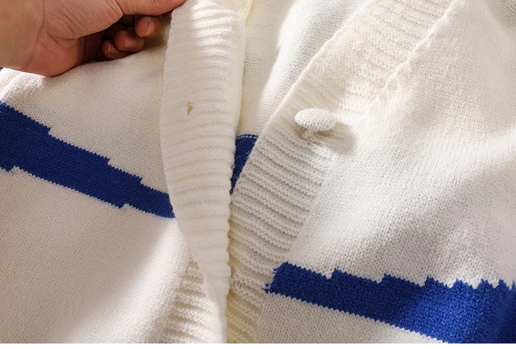 Women Blue White Striped Patchwork Knit Sweater Autumn Winter Long Sleeve Single Breasted Cardigan Korean Fashion Short Tops New