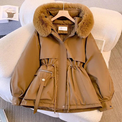 Load image into Gallery viewer, Winter Women's Solid Big Hairy Collar Hooded Velvet Parka 2024 Korean Version Ladies Oversize Warm Cardigans Down Cotton Jacket
