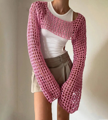 New Harajuku Grunge Solid Slash Neck Women Crop Pullovers Y2k Aesthetic Knitted Sexy Sweaters Streetwear Hollow Out Autumn Tops